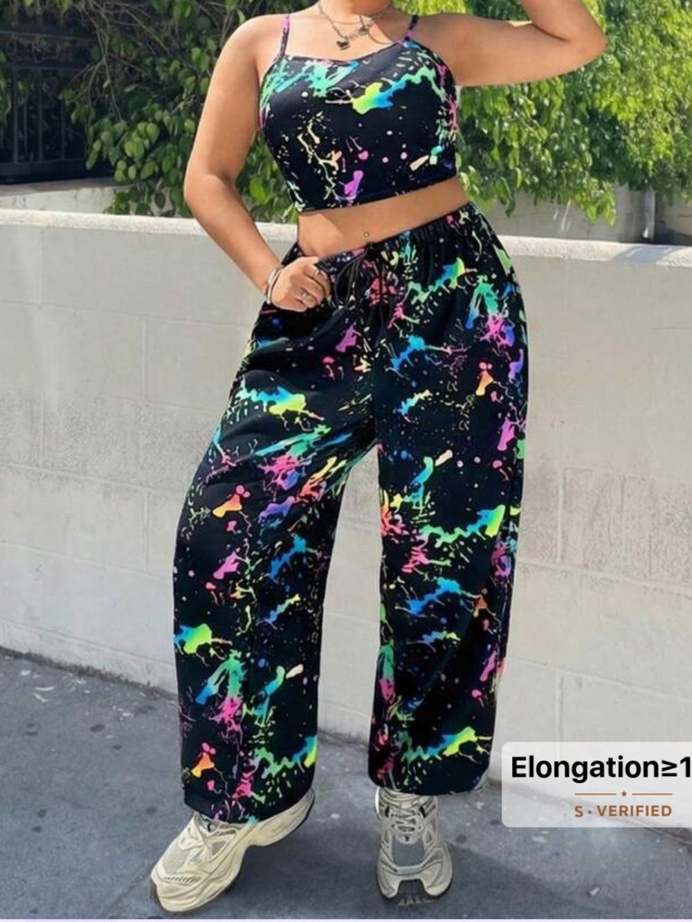 SHEIN Black Wide-Leg Pants with Neon Paint-Splash Print